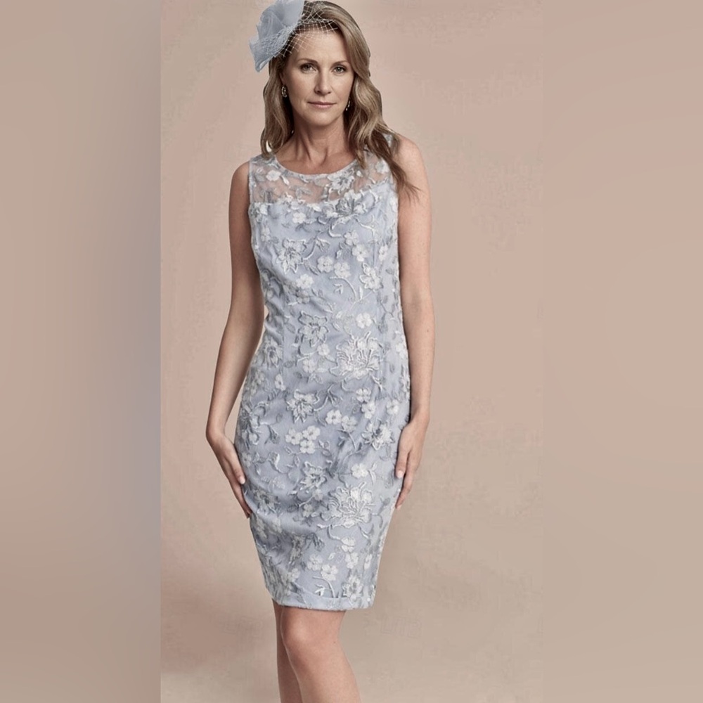 Alex Evenings Blue Embroidered Sequined Lace Illusion Sheath Dress ZB12